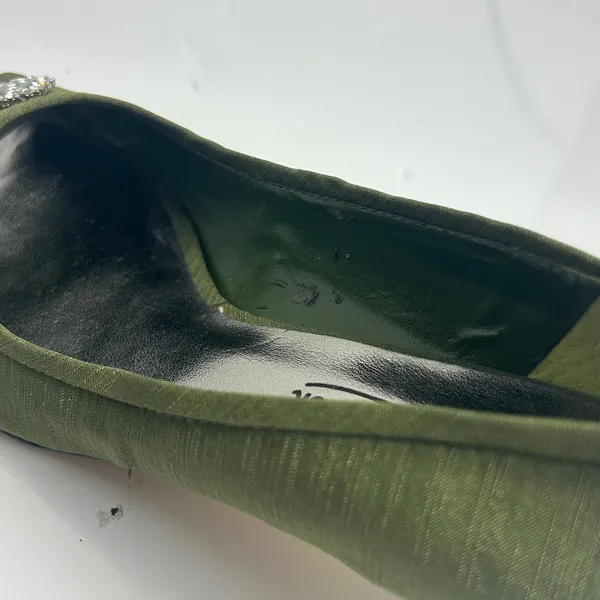 Coldwater Creek Olive Green Rhinestone Bow Peep Toe Kitten Heel Pumps 9M - Image 9
