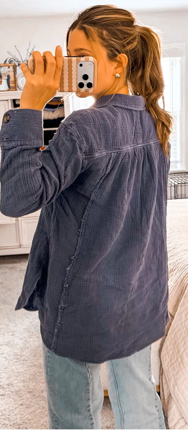 Free People Blue textured button up Long sleeve - Image 3