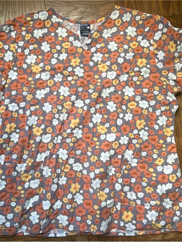 Zoe + Chloe Floral Scrub Top V-Neck Orange Grey White XL ~ Nurse Uniform Top - Image 2