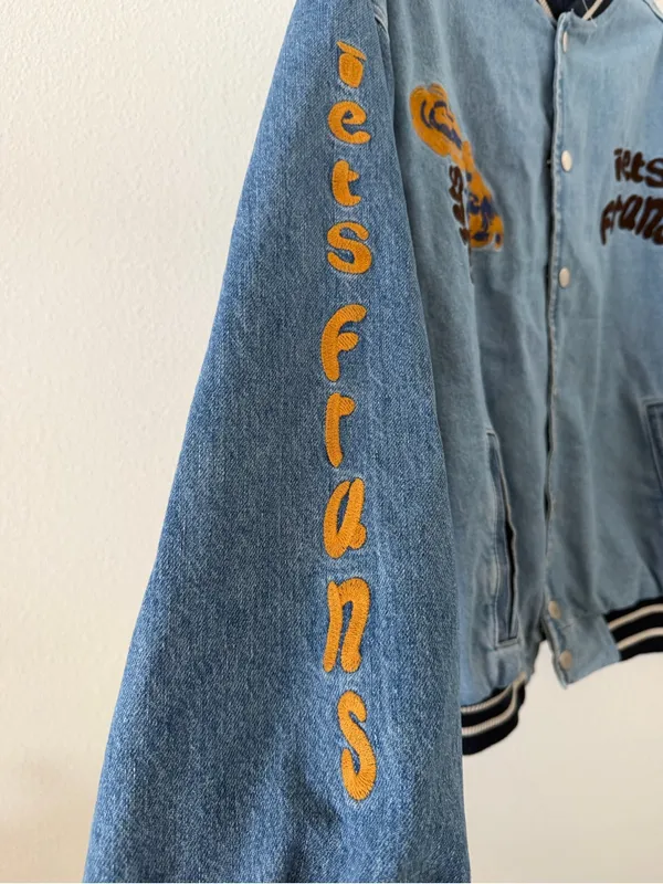 iets frans Blue Denim Embroidered Varsity Jacket Size XS - Image 11