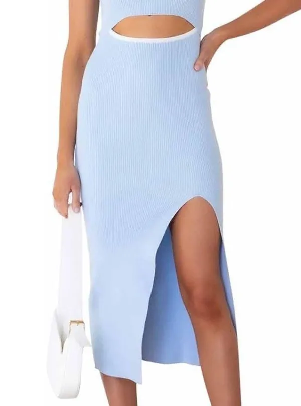 Pink Women's Cutout Crew Neck Sleeveless Tank Slit Ribbed Bodycon Midi Dresses - Image 2