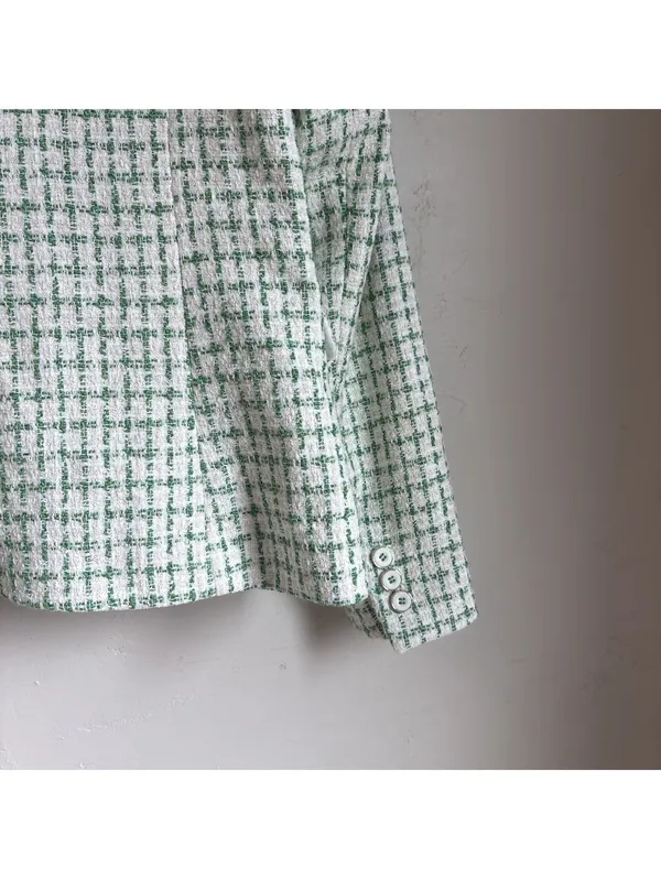 Rachel Zoe Womens Tweed Blazer Small Green White Double Breasted Jacket Plaid - Image 5