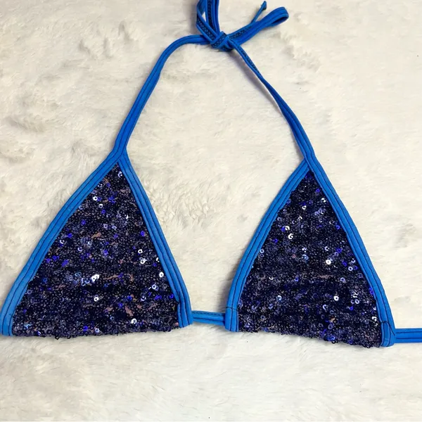 Royal Blue Sequin Triangle String Bikini Top Size Small - Image 5