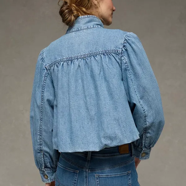 American Eagle Cropped Denim Jacket Women’s Medium Blue Puff Sleeve Button Front NWT - Image 3
