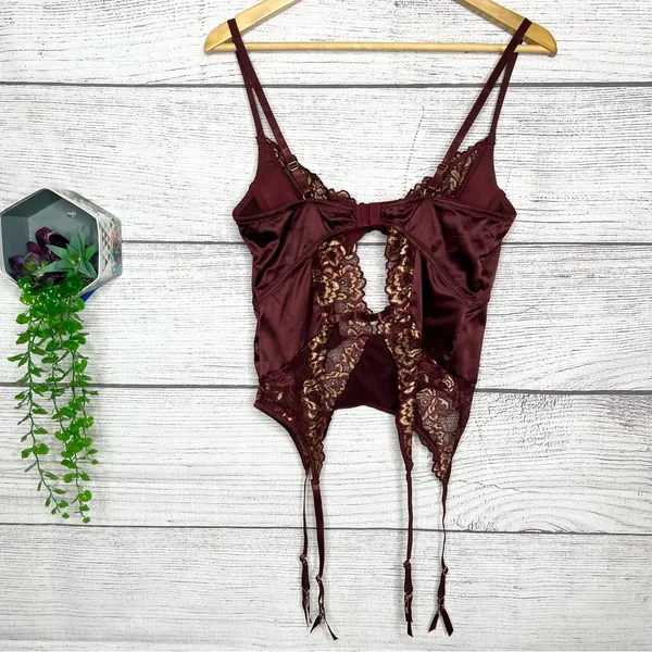 Frederick’s of Hollywood Burgundy Satin & Gold Lace Bustier w/ Garter Straps - Image 6