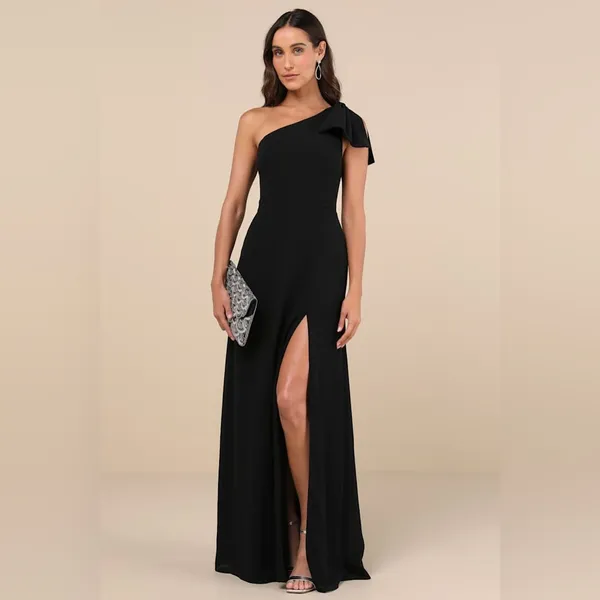 Lulus Simply Brilliant Black One-Shoulder Bow Maxi Dress - Image 4