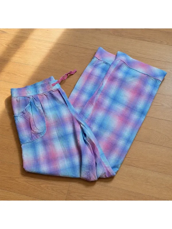 Victoria's Secret Plaid Pajama Lounge Pants Small Pink Blue Cotton Pockets - Image 2