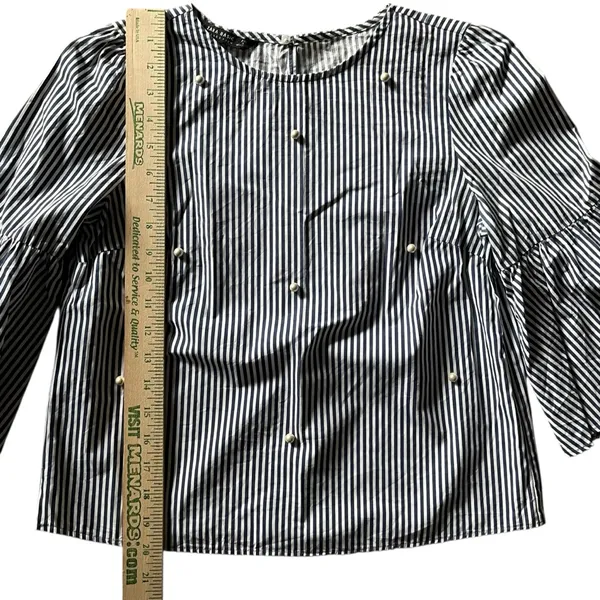 Zara Navy and White Striped Blouse Poplin Bell Sleeves Pearl Accent 3/4 Sleeves‎ - Image 8