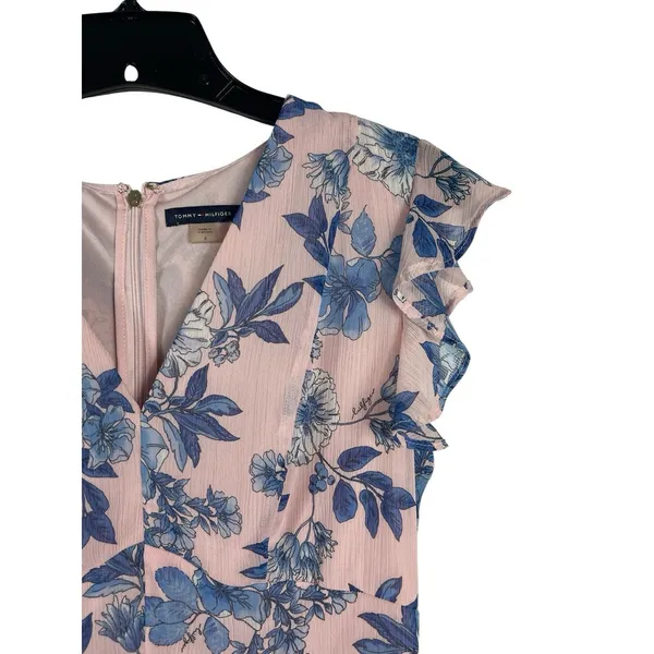 Tommy Hilfiger Pink Blue Floral Sheer Overlay Midi Dress Flutter Sleeve V-neck 6 - Image 4