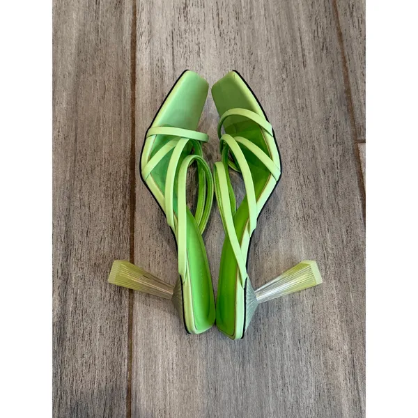 Charles & Keith Mules Women 37 Green Strappy Transparent Heel Trendy Chic Sandal - Image 8