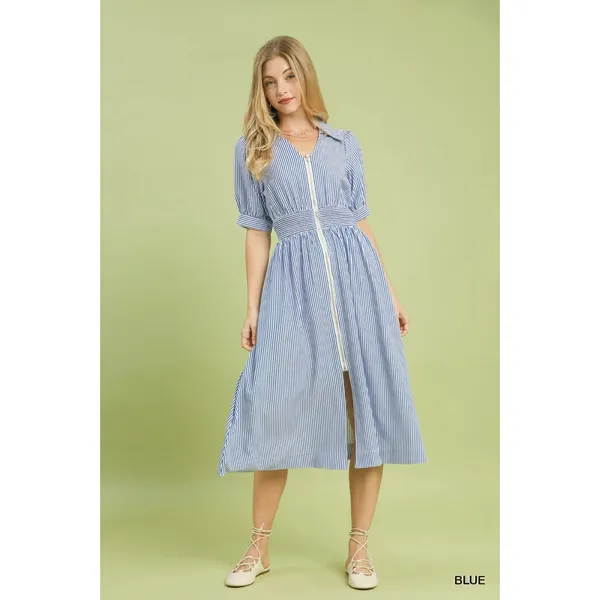Umgee Striped Midi Dress with Front Zipper - Blue‎ - Medium - Image 4