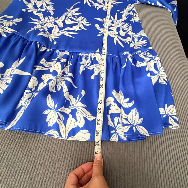 Alexis Floral Satin Mini Dress Large Blue White Long Sleeve No belt - Image 5