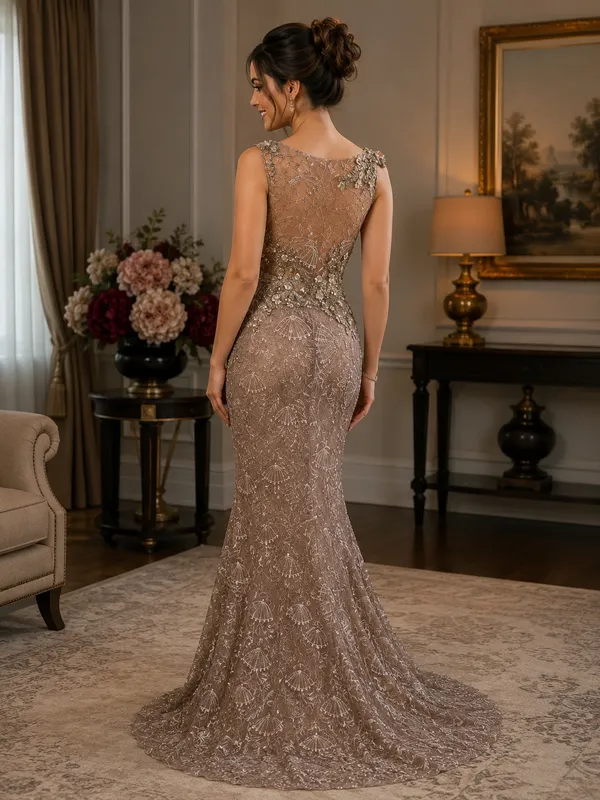 Embellished Taupe Evening Gown - Elegant Lace & Beaded dress - Image 2