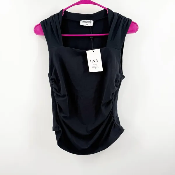LNA Amani Tank Top SZ Medium NWT Midnight Sky Ruched Sleeveless Square Neck - Image 2