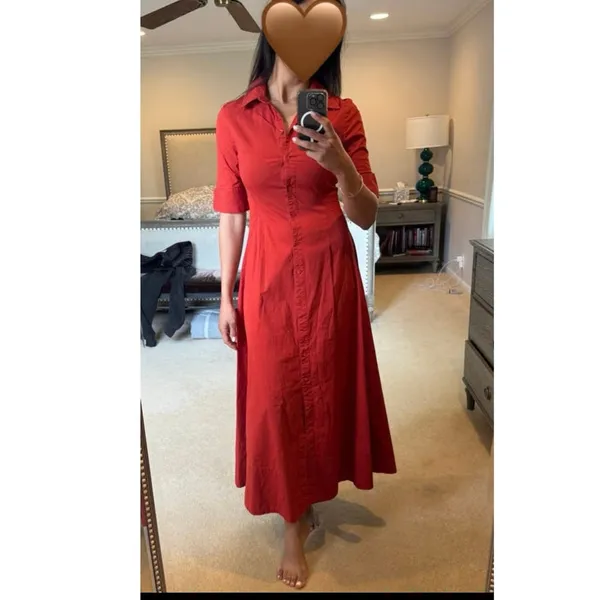 STAUD Red Cotton Blend Collared Neckline Front Button Closure Short Sleeve Dress - Image 16