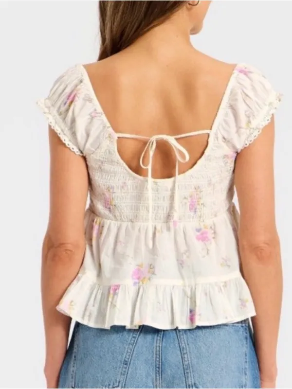 Women's XS Puff Short Sleeve Pintuck V-Neck Blouse - Universal Thread Cream - Image 3
