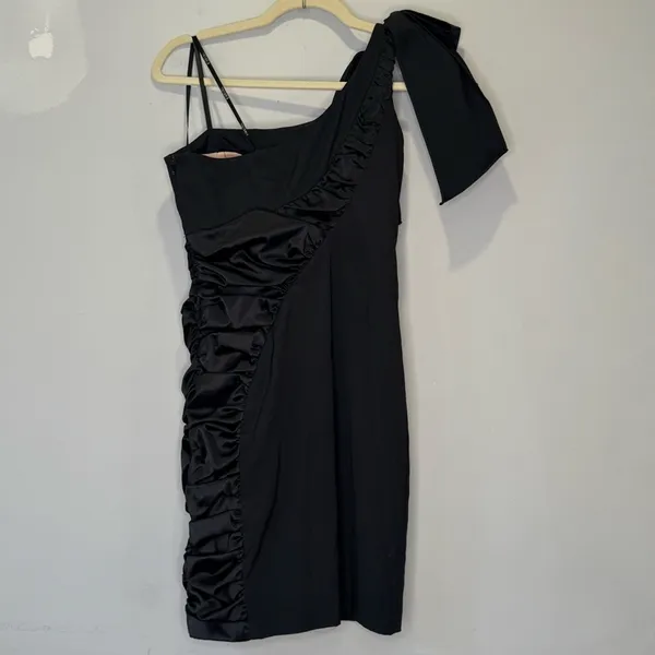 🍁 Faviana One Shoulder Bow Ruffle Stretch Mini Cocktail Party‎ Dress Sz 0 Black - Image 4
