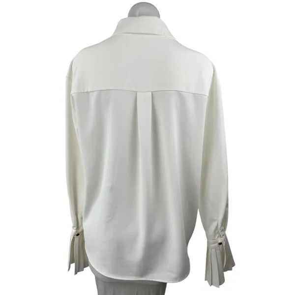 Commense Womens White Long Bell Sleeve Pleated Button Up Blouse Shirt Top Size S - Image 2