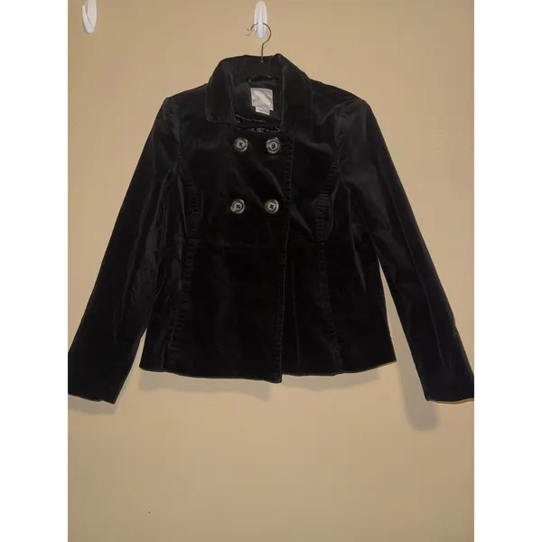 Old Navy Black Velvet Pea Coat Jacket Womens Lined L Dark Academia Preppy Fall - Image 2