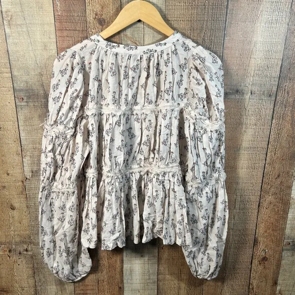 By Anthropologie Floral Block Print Puffy Zip Front Raw Edge Boho Blouse Large - Image 9