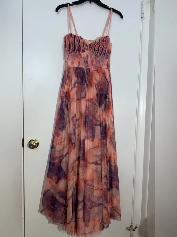 Hutch Floral Pleated Tulle Sweetheart Maxi Dress in Pink and Purple - Image 5