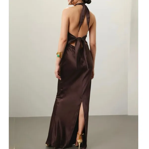 Retrofête Ester Dress brown satin halter Macy dress open back size Large - Image 2