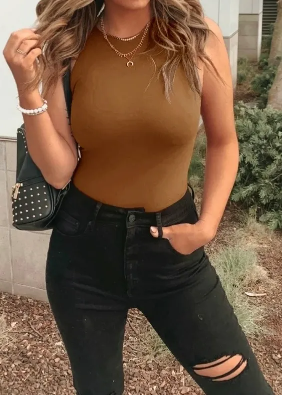 High Neck Sleeveless Bodysuit in Camel Brown - Image 2