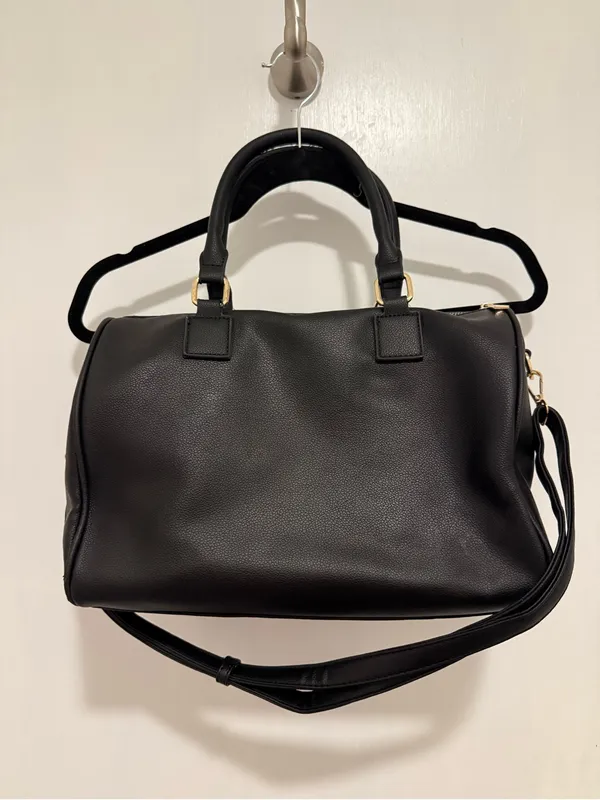 black woven duffle bag with gold hardware, some wear in the handles, no brand. - Image 2