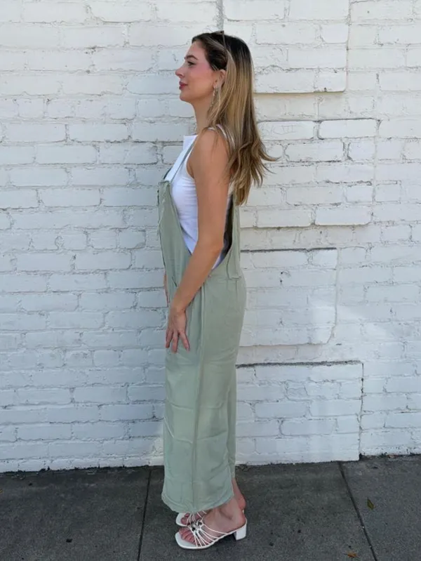 Gigio sage Green wide leg overalls w/ adjustable straps sz S #boho #retro #momcore #cottagecore - Image 4