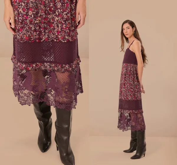 $280 EUC Farm Rio Purple Chelsea Garden Embroidered Lace Midi Tiered Dress S - Image 3