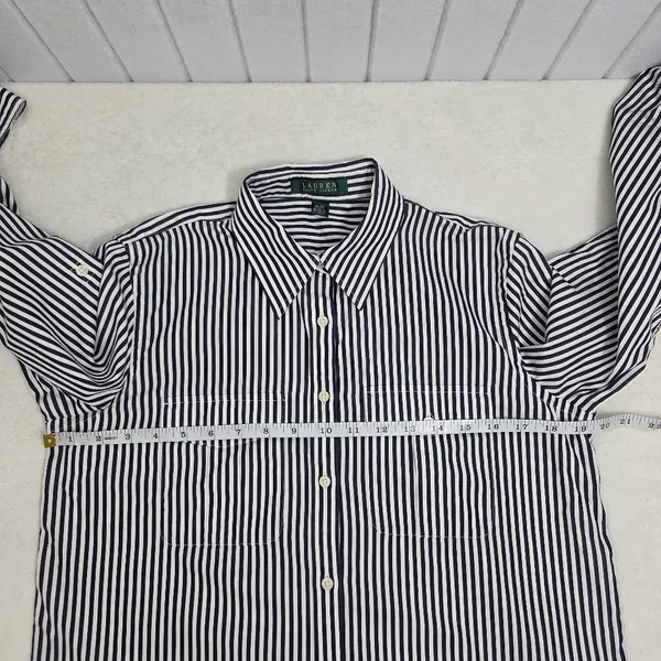 Lauren Ralph Lauren Navy Blue and White Vertical Stripe Button-Down Shirt Size M - Image 6