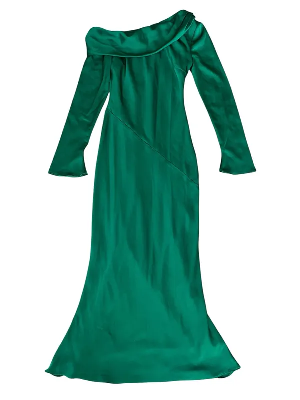 Nia Women’s Claire One Off Shoulder Emerald Green Long Sleeve Satin Midi Dress - Image 12