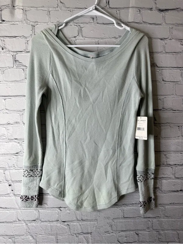 NWT Free People Sage Green Thermal Long Sleeve with Embroidered Cuffs large - Image 2