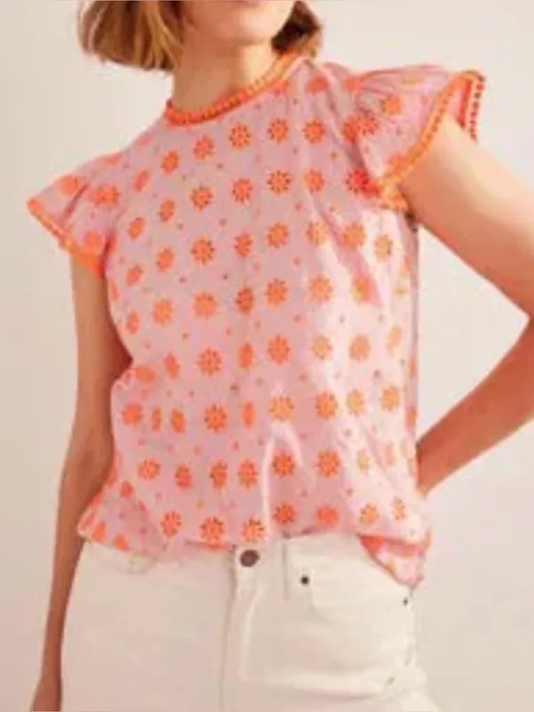 Boden Watermelon Punch Embroidered Flutter Sleeve Pom Trim Top - Image 2