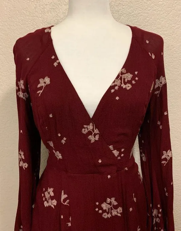 Jasmine Embroidered Mini Burgundy Boho Dress - Image 3