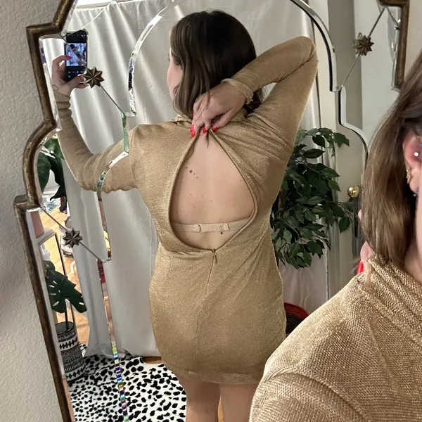 Free People Ruched Long Sleeve Metallic Gold Mini Dress Size 4 - Image 9