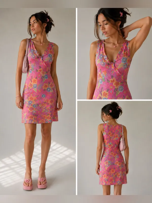 Vintage‎ Coquette Y2K Sigrid Olsen Sport Pink Floral Sleeveless Midi Dress Fairy - Image 2