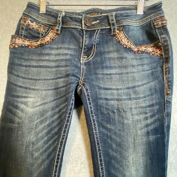 Grace in LA Jeans Womens 28 Blue Embroidered Sequin Pocket Western Distressed - Image 3