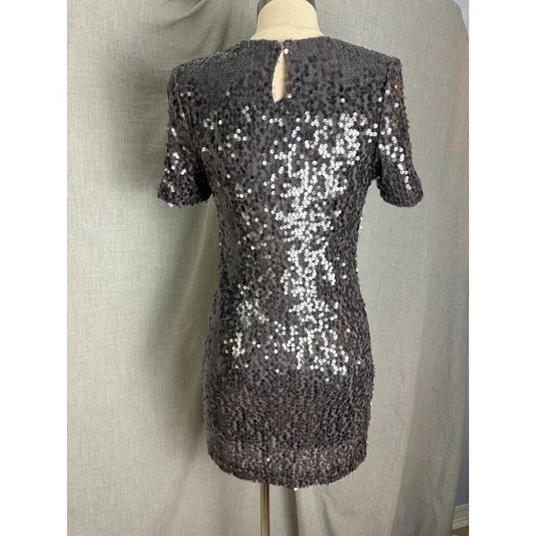 Silver‎ Gray Sequin Short Sleeve Mini Dress Charles Henry XS Party Date - Image 2