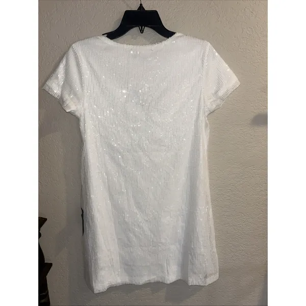 Lulus Women's White Sequin V-Neck Mini Dress Size XS Short Sleeve Lined New - Image 3