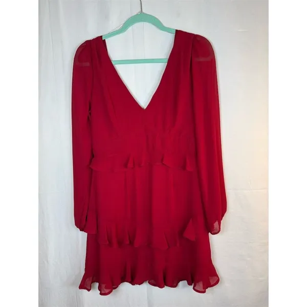 Trixxi Dress Womens M Red Chiffon Ruffle Tiered Mini V-Neck Long Sleeve - Image 3