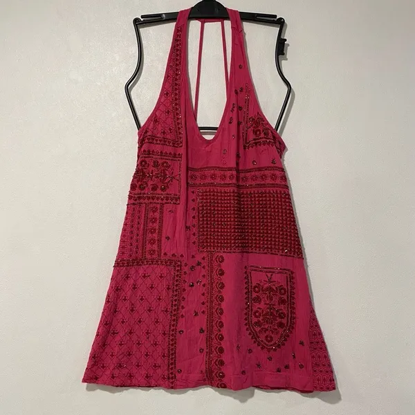 Free People Pink Embroidered Halter Mini Dress XS Boho Y2K Festival - Image 3