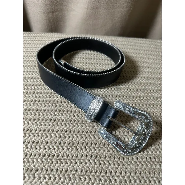Western Rhinestone Bling Belt Black Faux Leather Silver Buckle XL RN52469 - Image 2