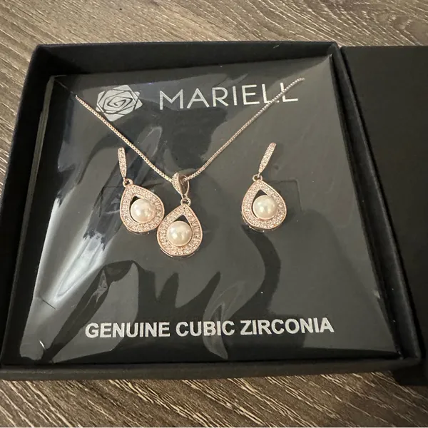 Mariell Rose Gold Pearl Necklace Drop Earrings Wedding Set Brides Bridesmaids - Image 6