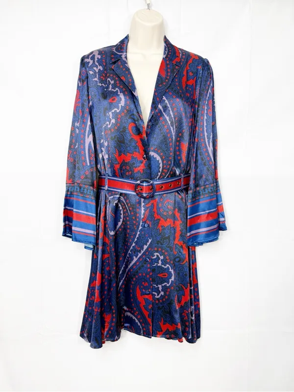Hermoza Gabriela Printed Satin Belted Dress Midnight Blue Red - Image 2