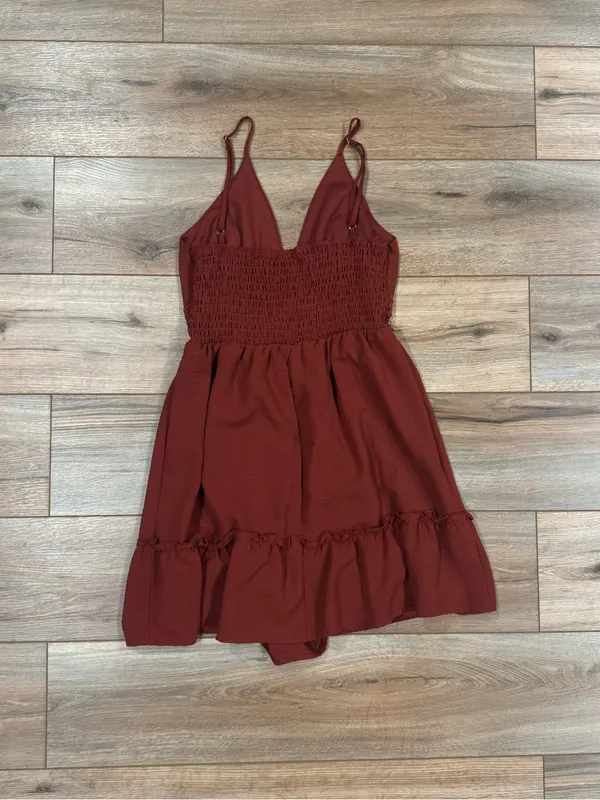 LIBERTY LOVE Rust Boho Western Ruffle Crochet Babydoll Mini Dress | Size Medium - Image 4