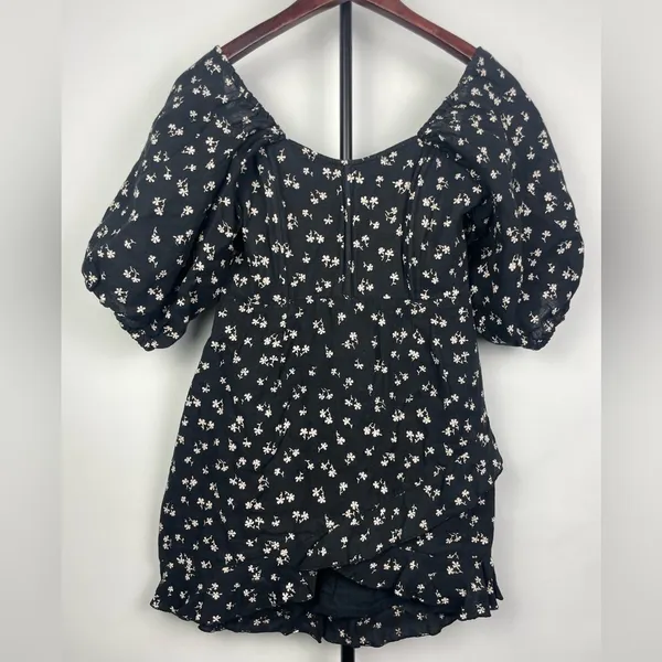 Winston White Black‎ Floral Corset Bodice Puff Off Shoulder Mini Linen Dress - Image 2