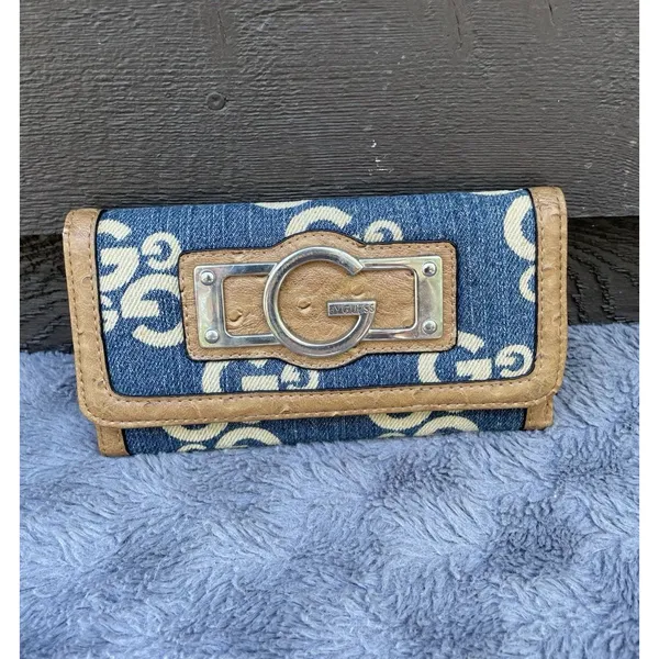 G By Guess Slim Amore Wallet 90s Y2K Monogram Denim Faux Gator Leather - Image 6