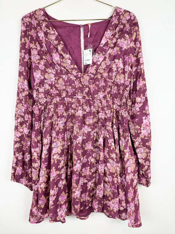 NWT Free People Keep You Mini Dress in Berry Combo Long Sleeve Floral Size Small - Image 6