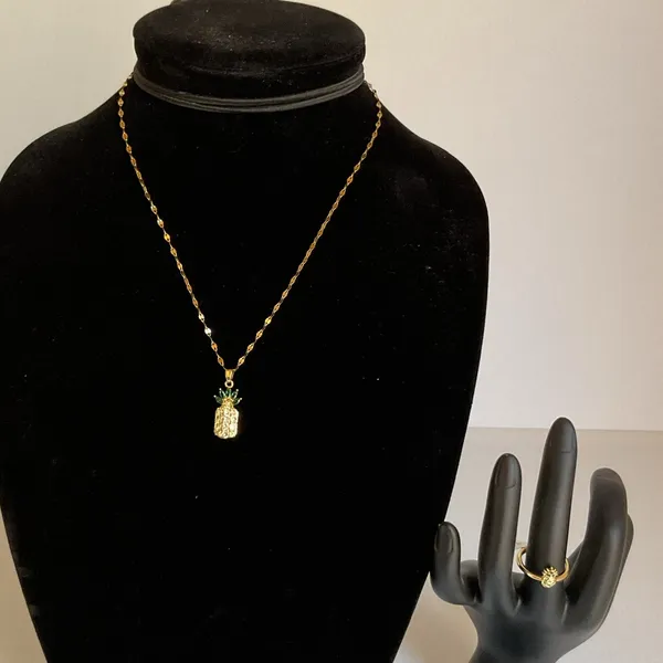 Gold-Plated Pineapple Necklace & Ring Set Sparkling Rhinestones Fashion Jewelry - Image 2